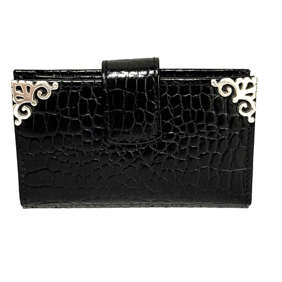 Brighton Black Leather Wallet Moc Croc Textured Card ID Bifold Coin Purse Silver - Picture 1 of 9